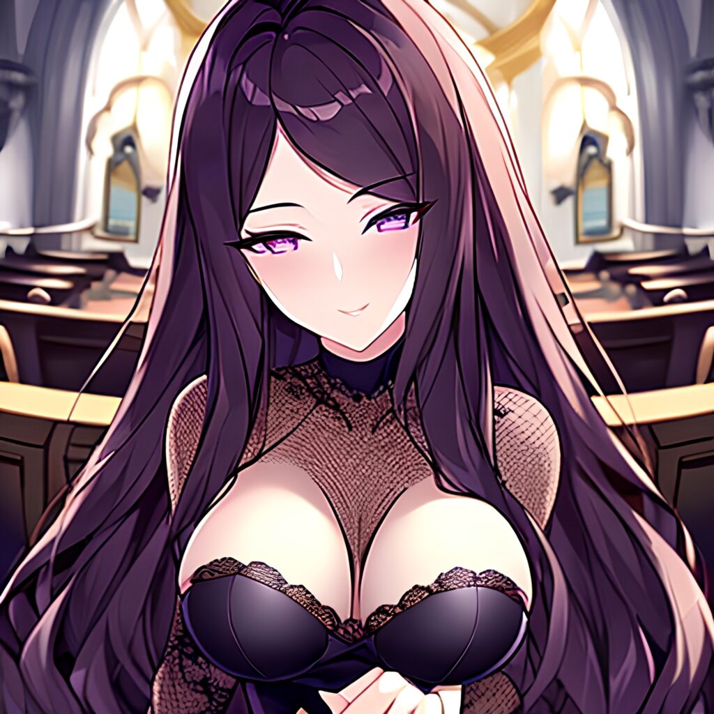 woman messy hair long hair church fishnet brunette