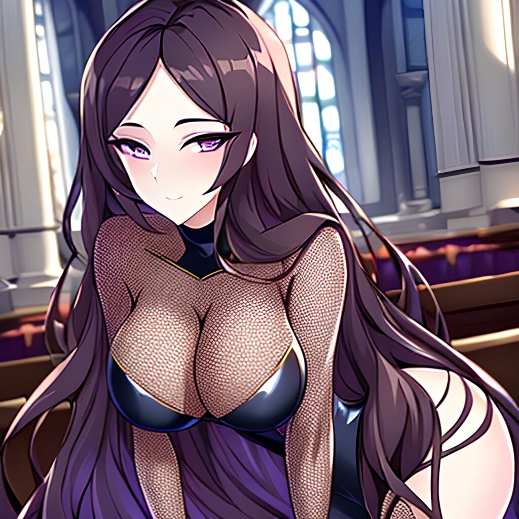woman messy hair long hair church fishnet brunette