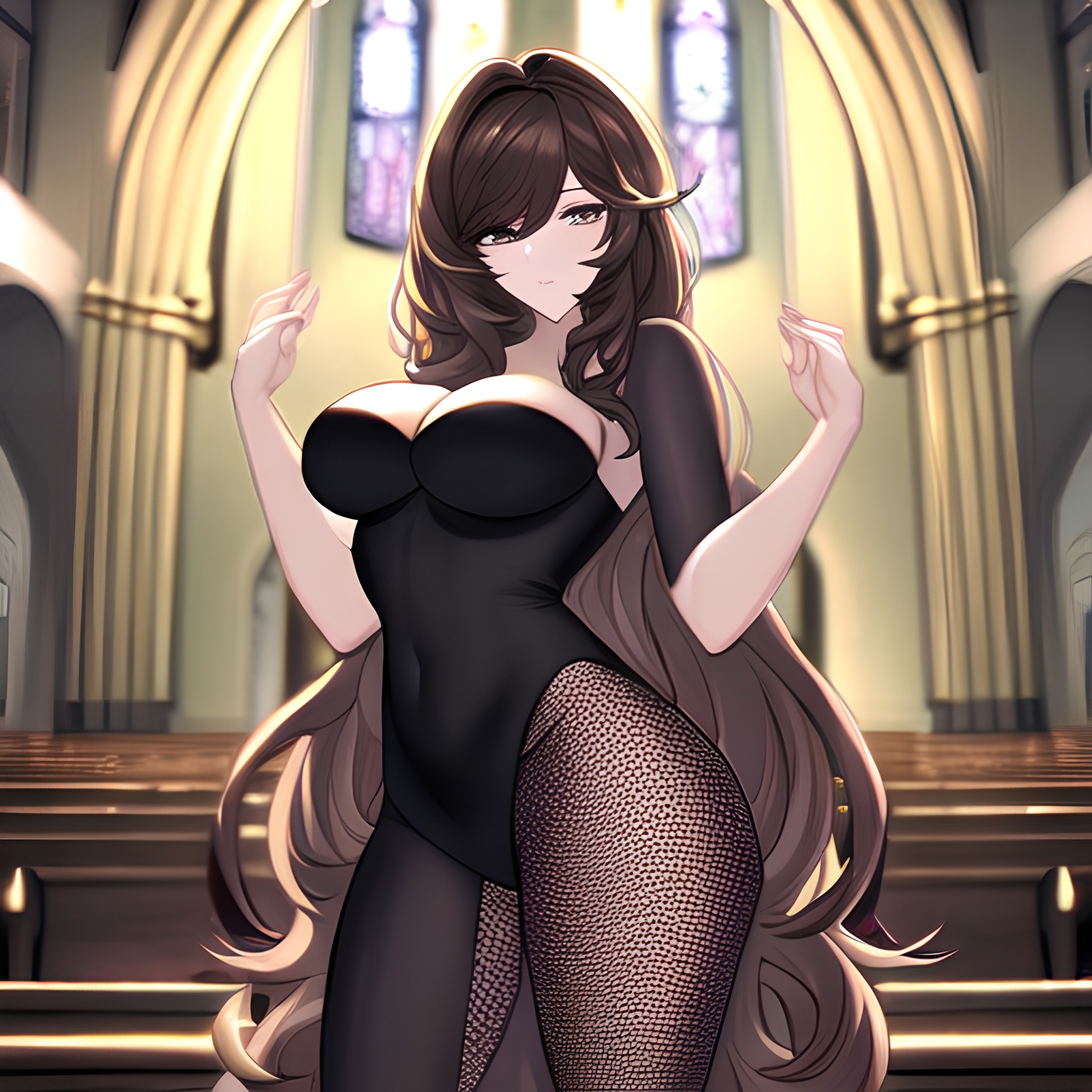 woman messy hair long hair fishnet brunette church 