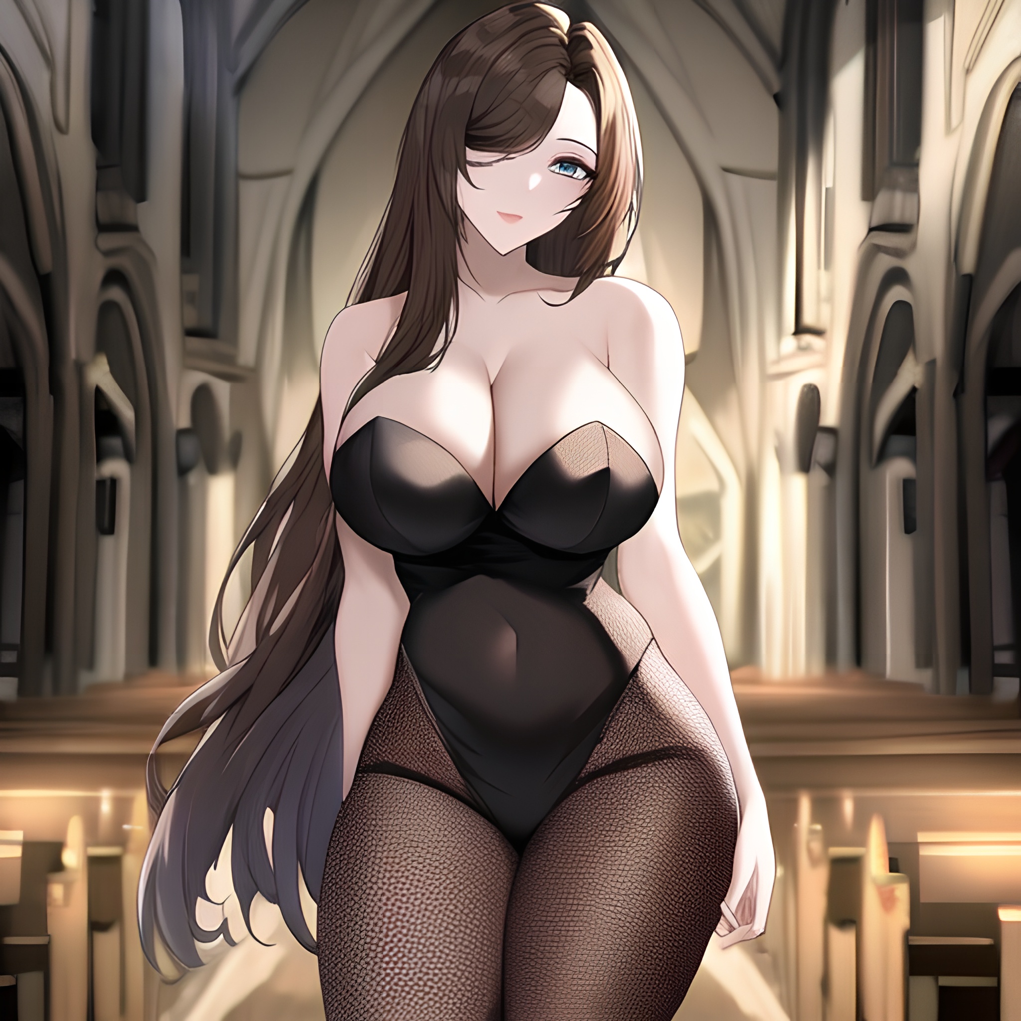woman messy hair long hair fishnet church brunette