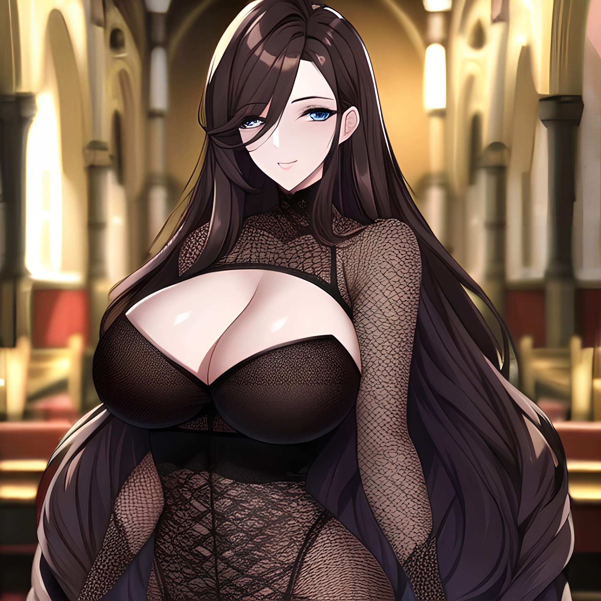 woman messy hair long hair fishnet church brunette